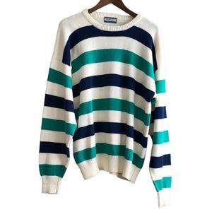 Woodwards Vintage Comfy Cotton Striped Long Sleeve Knit Sweater Shirt Top Cream